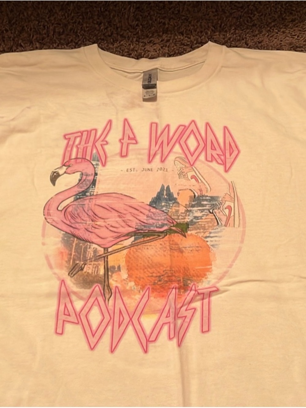The F Word Podcast Graphic Tee - Pink Flamingo on White